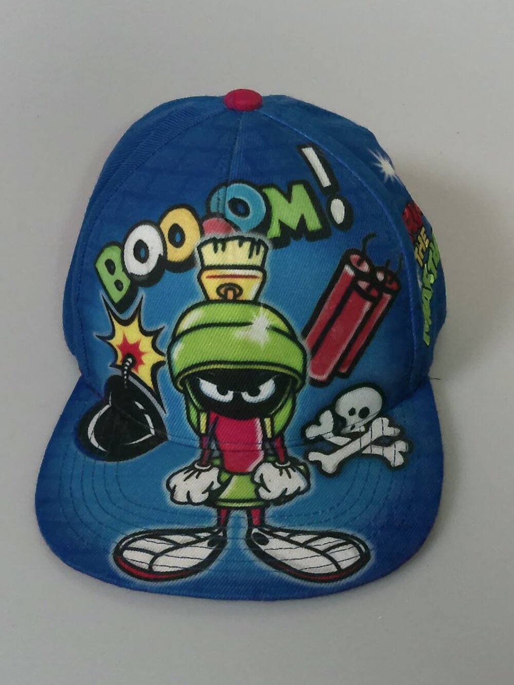 Looney Tunes Marvin The Martian BOOOM Graphic Snapback Hat Blue Cartoon Cap